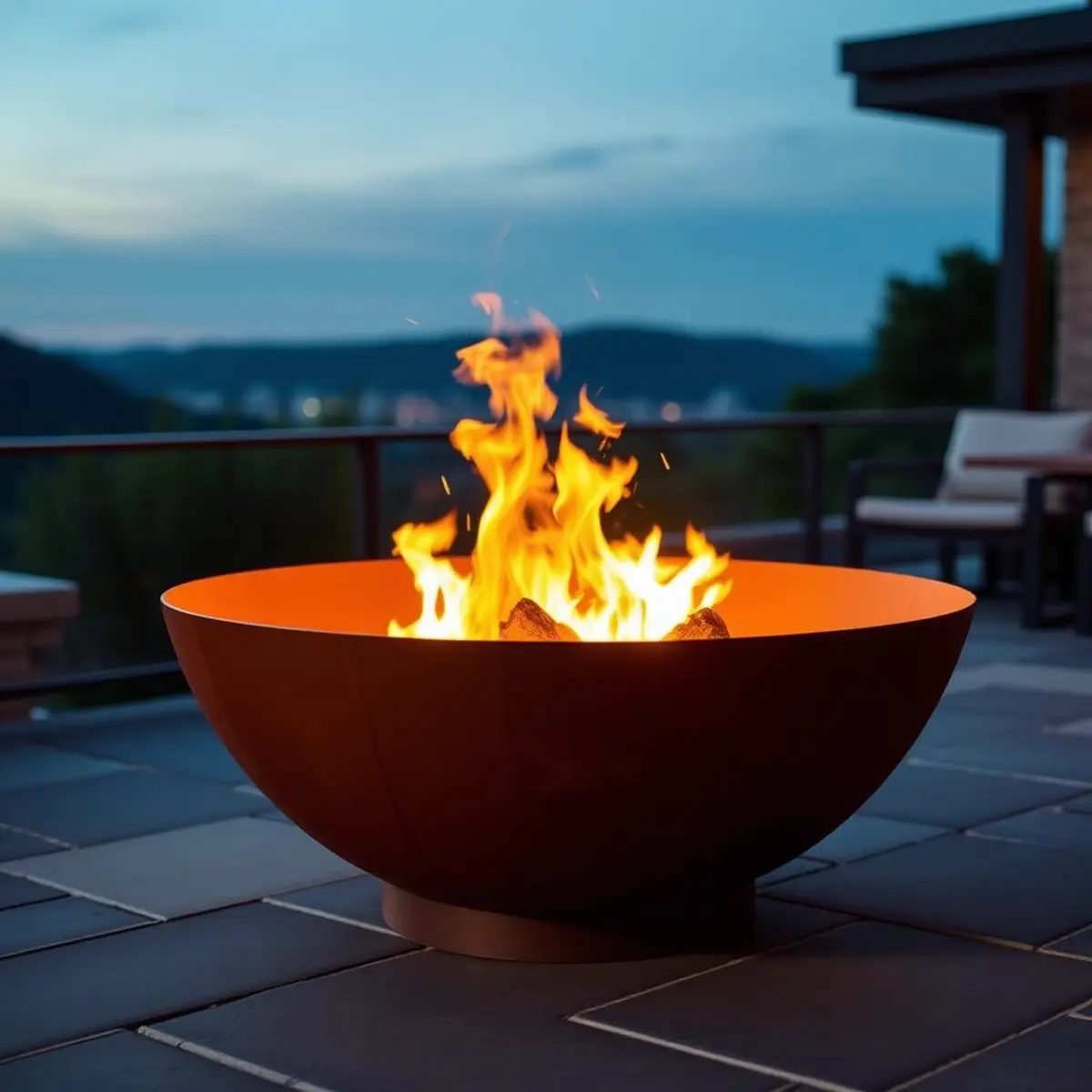 Brasero en acier corten allumé sur une terrasse