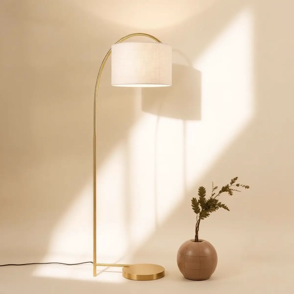 Lampadaire arqué en laiton brossé à côté d'un fauteuil