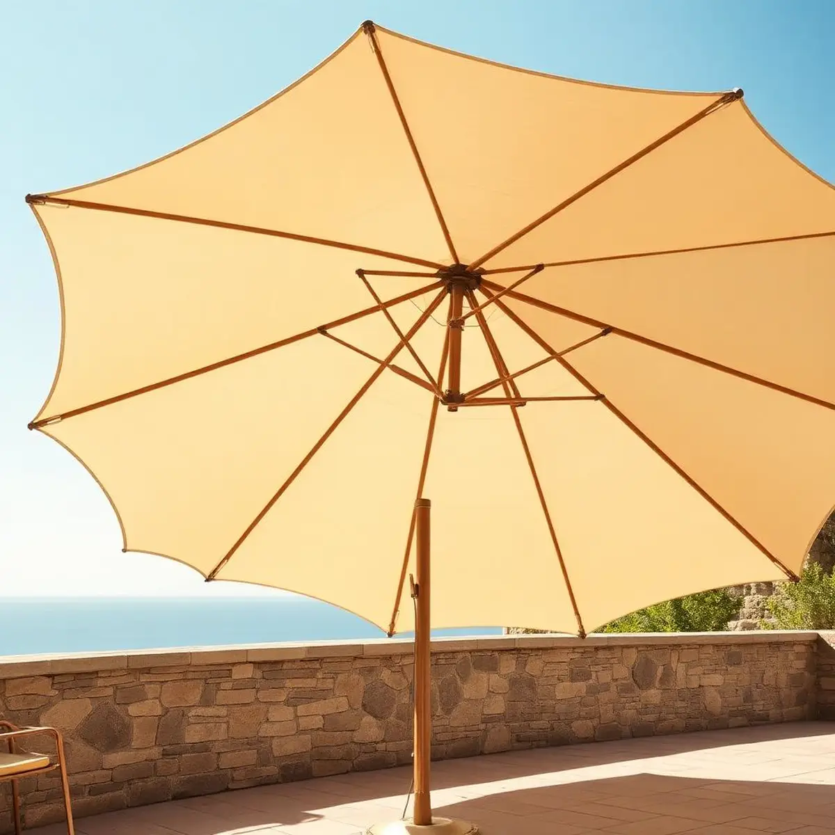 Parasol à toile sable ouvert au-dessus d'une table de jardin