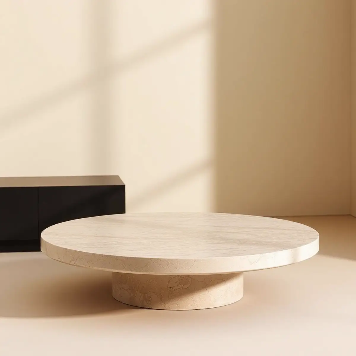 Table basse ronde en travertin sur un tapis clair